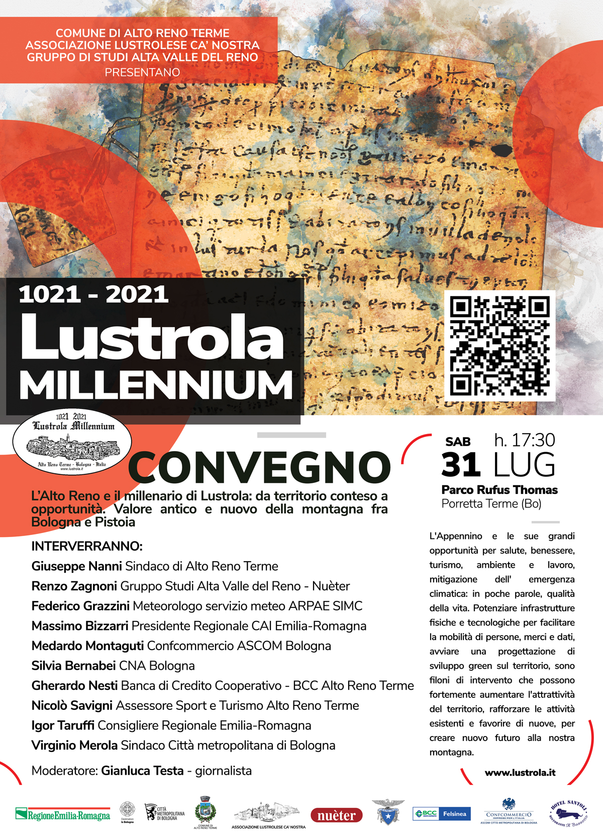 locandina del convegno "L'Alto Reno e il millenario di Lustrola- Porretta Terme 31 luglio 2021
